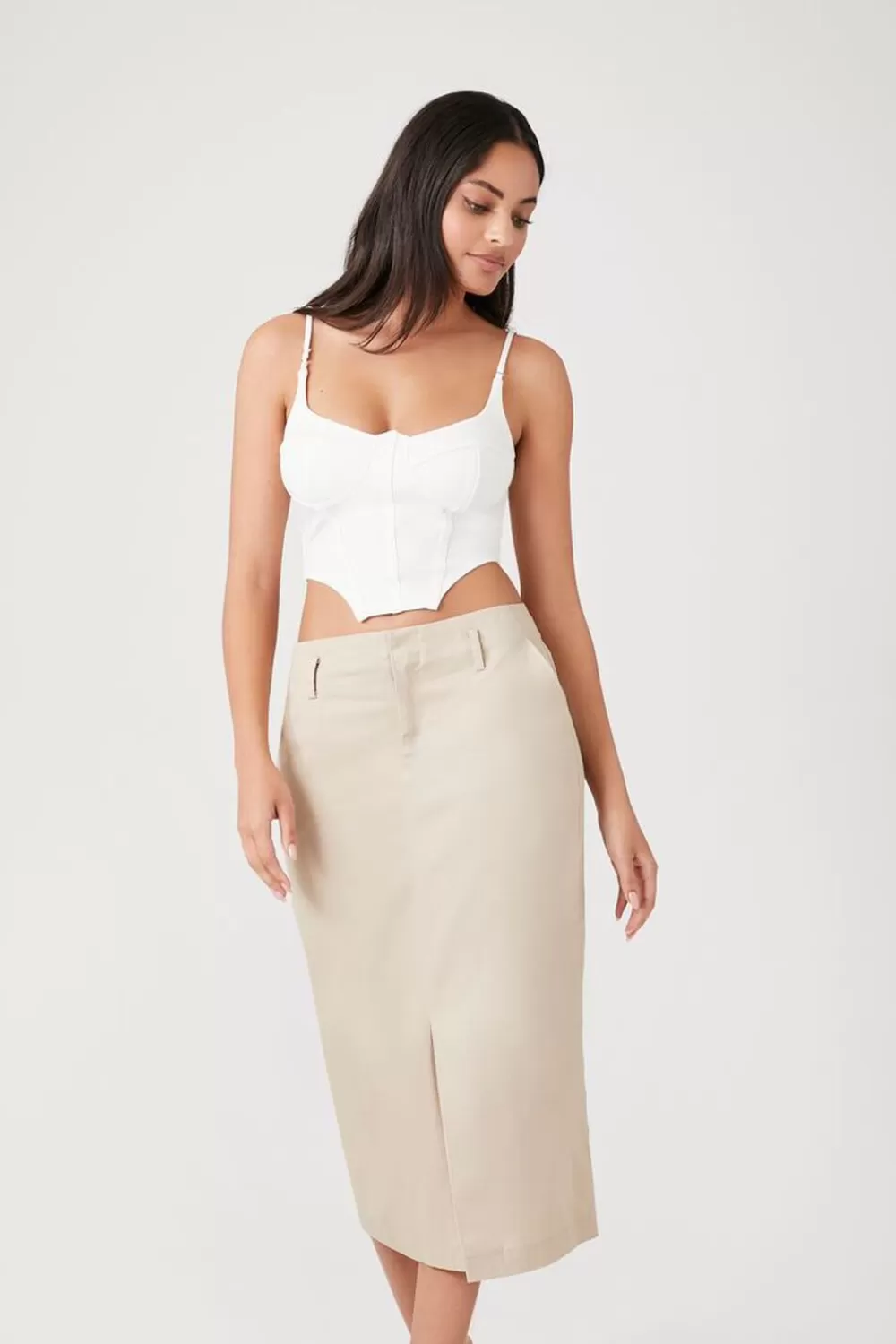 Bottoms>Forever 21 Cotton-Blend Pencil Midi Skirt Khaki