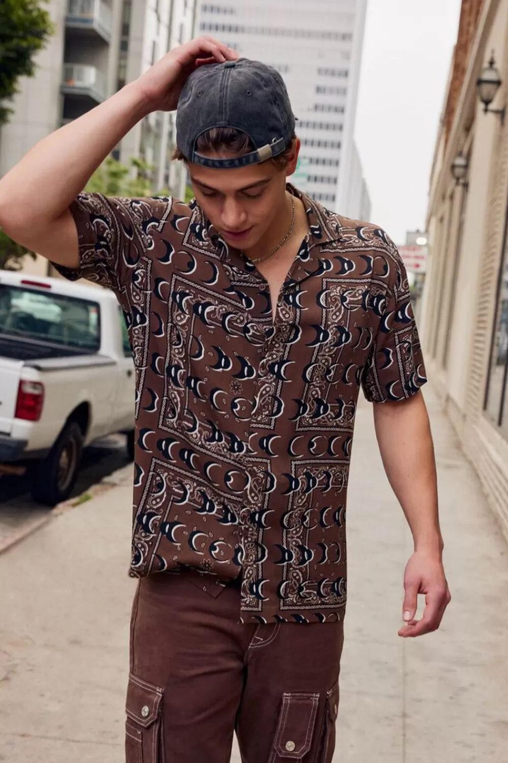 Shirts>Forever 21 Crescent Moon Print Shirt Dark Brown/Black