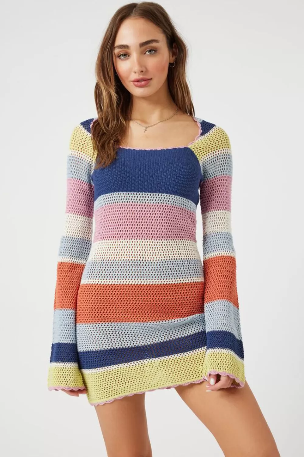 Dresses>Forever 21 Crochet Striped Mini Dress Blue/Multi