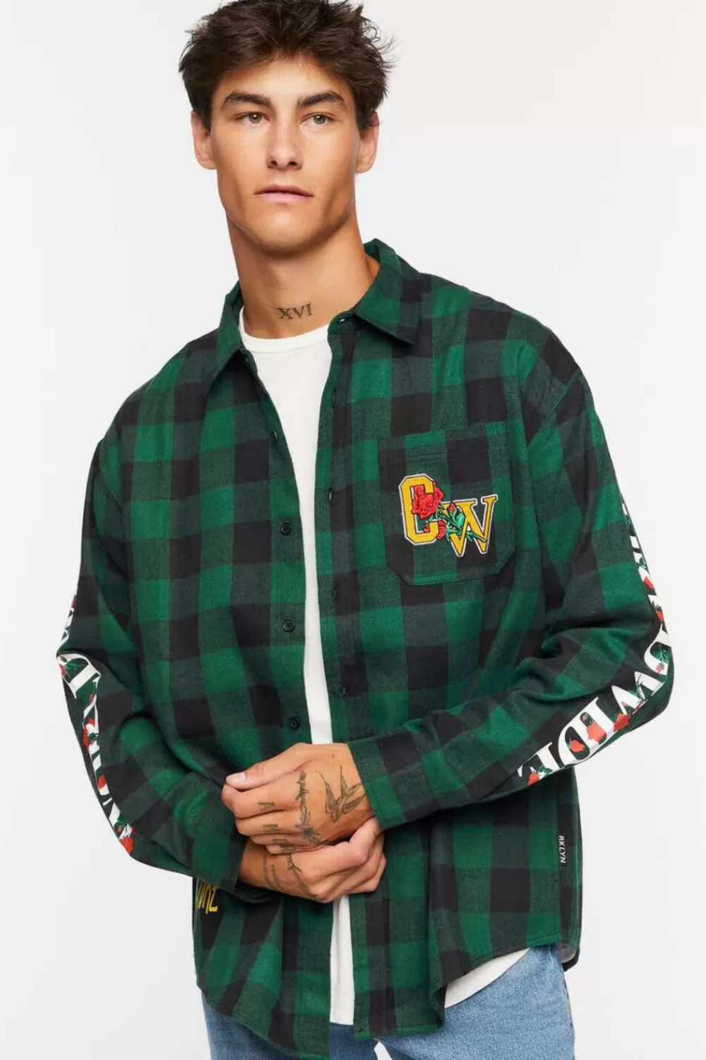 Graphic Tees>Forever 21 Culture Graphic Plaid Shirt Teal/Multi