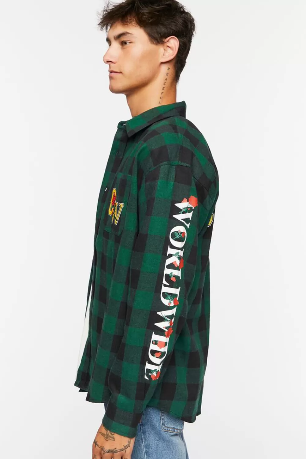 Graphic Tees>Forever 21 Culture Graphic Plaid Shirt Teal/Multi