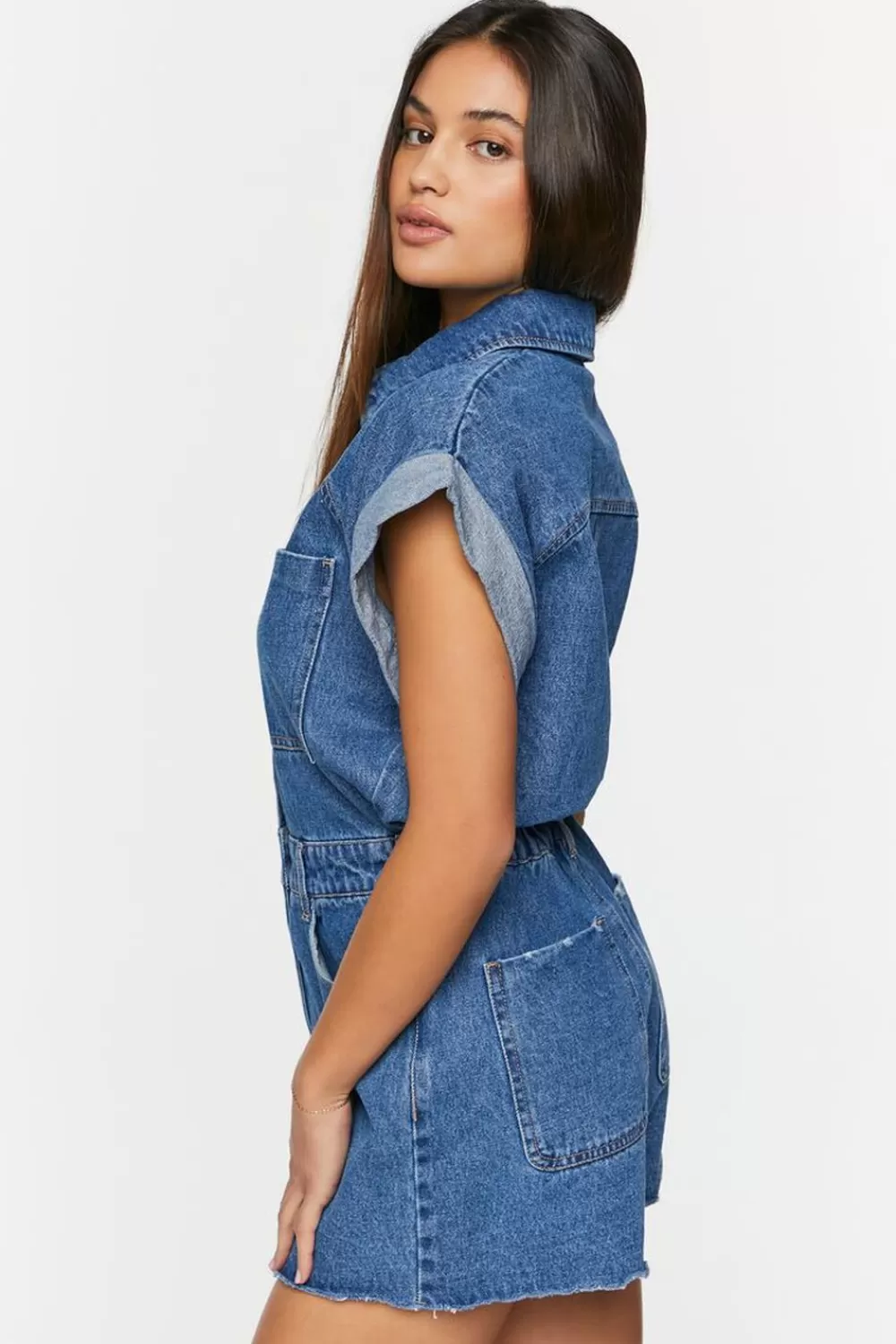 Rompers + Jumpsuits>Forever 21 Denim Cuffed-Sleeve Romper Medium Denim