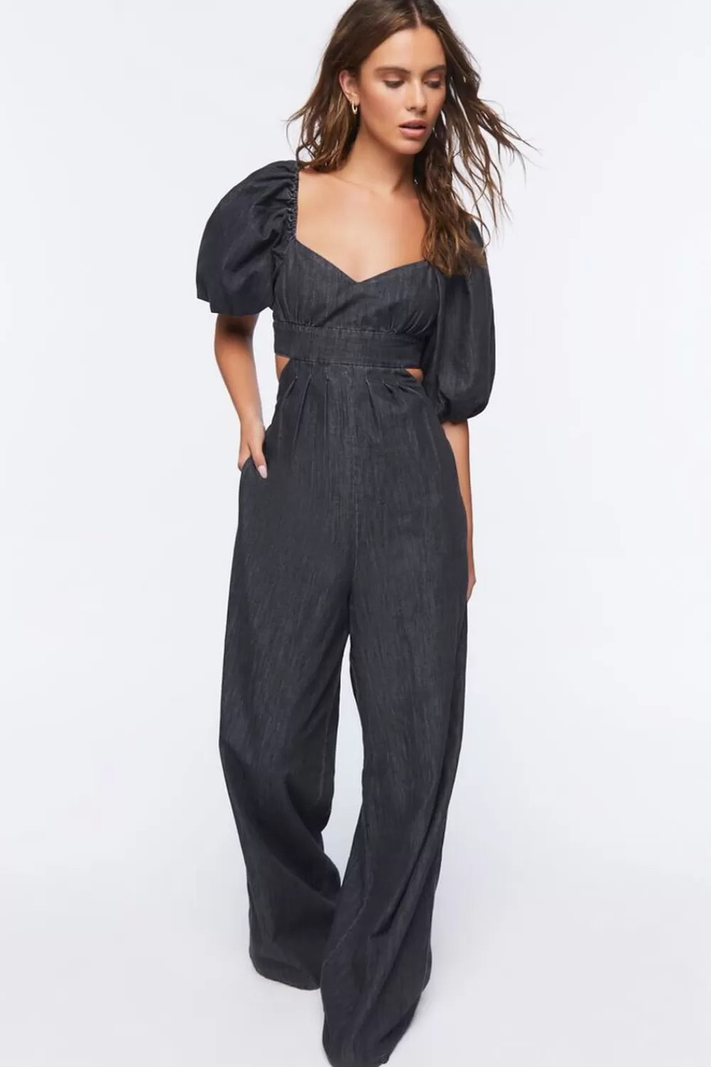 Rompers + Jumpsuits>Forever 21 Denim Cutout Wide-Leg Jumpsuit Charcoal