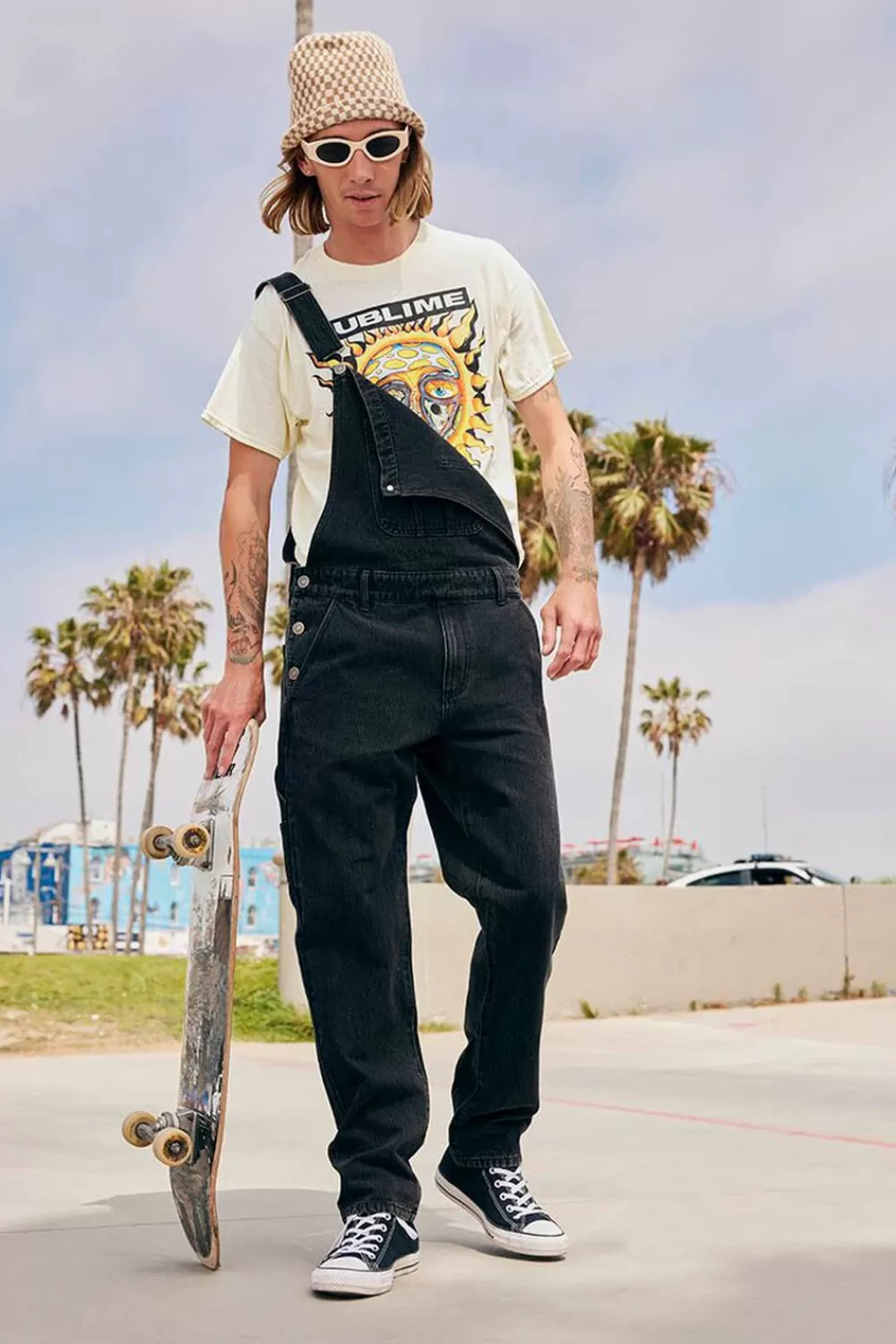Bottoms>Forever 21 Denim Straight-Leg Overalls Black