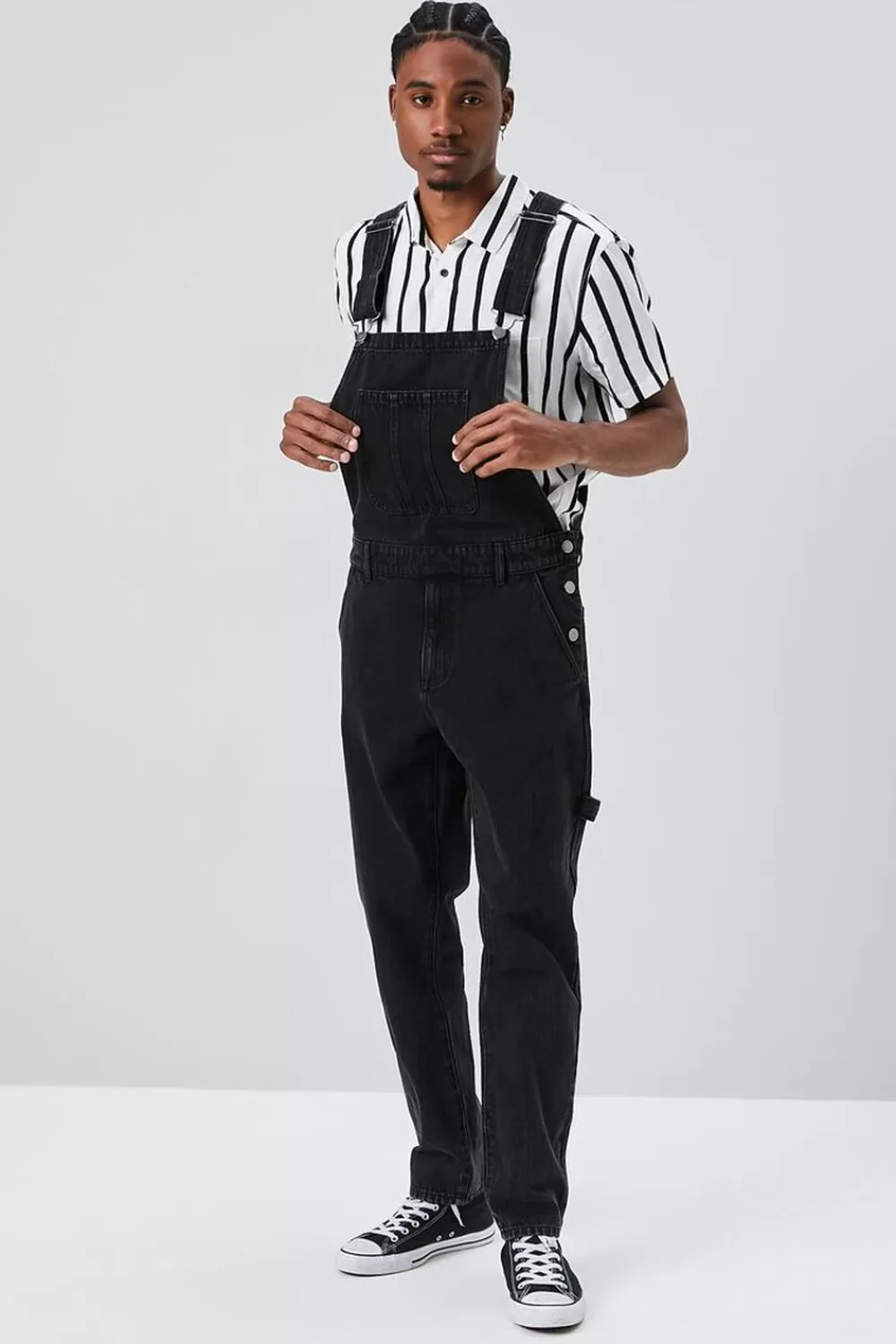 Bottoms>Forever 21 Denim Straight-Leg Overalls Black