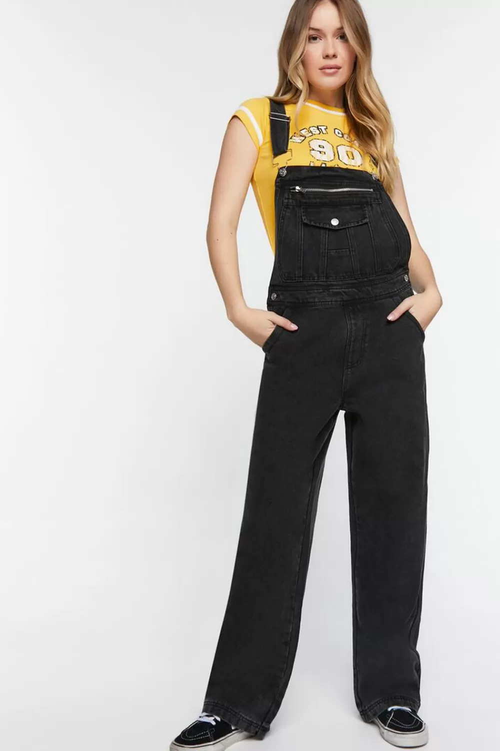 Rompers + Jumpsuits>Forever 21 Denim Zip-Pocket Straight-Leg Overalls Black