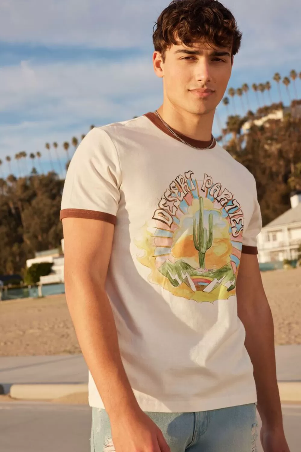 Graphic Tees>Forever 21 Desert Parties Graphic Ringer Tee Cream/Multi
