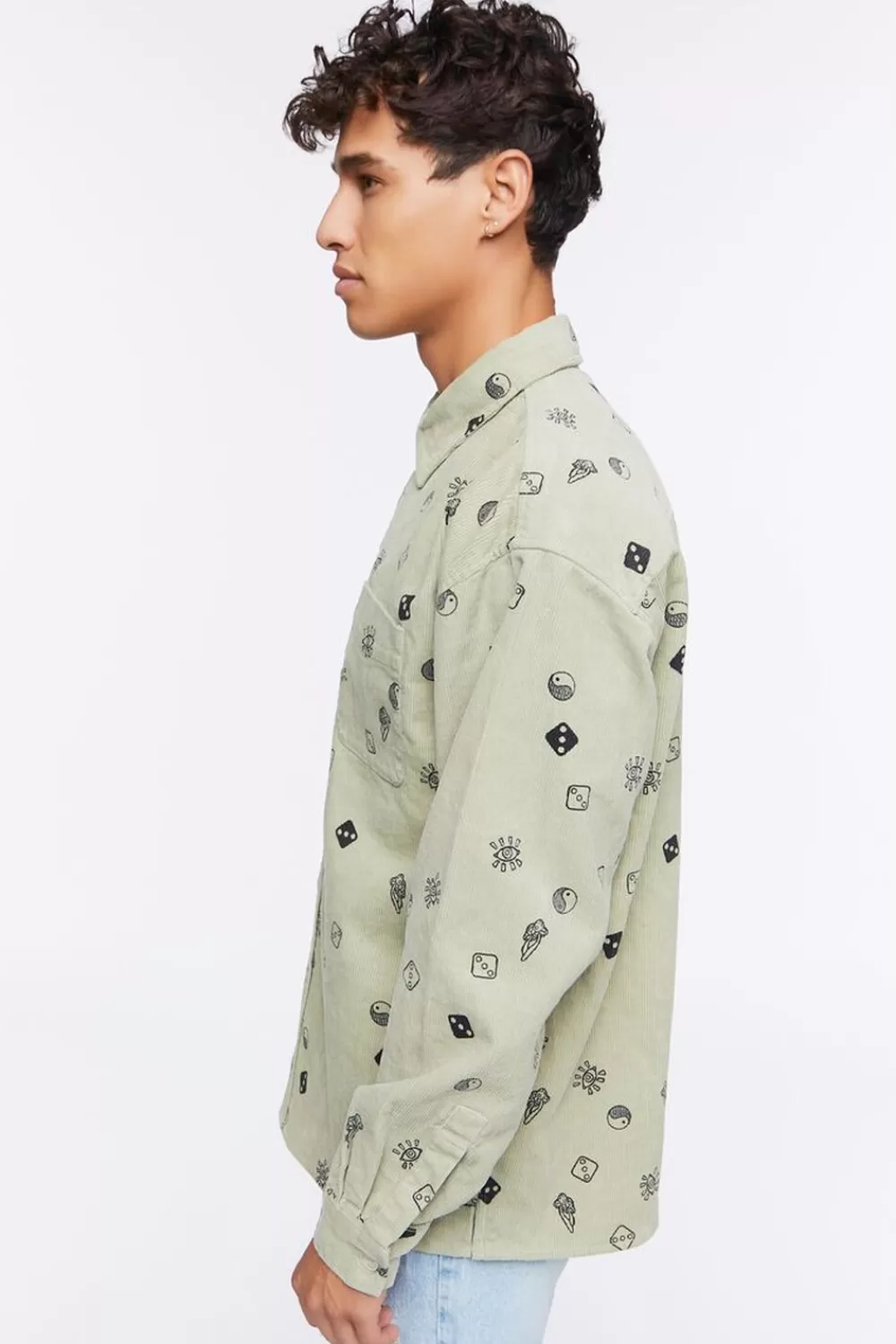 Shirts>Forever 21 Dice Print Corduroy Shirt Sage/Black