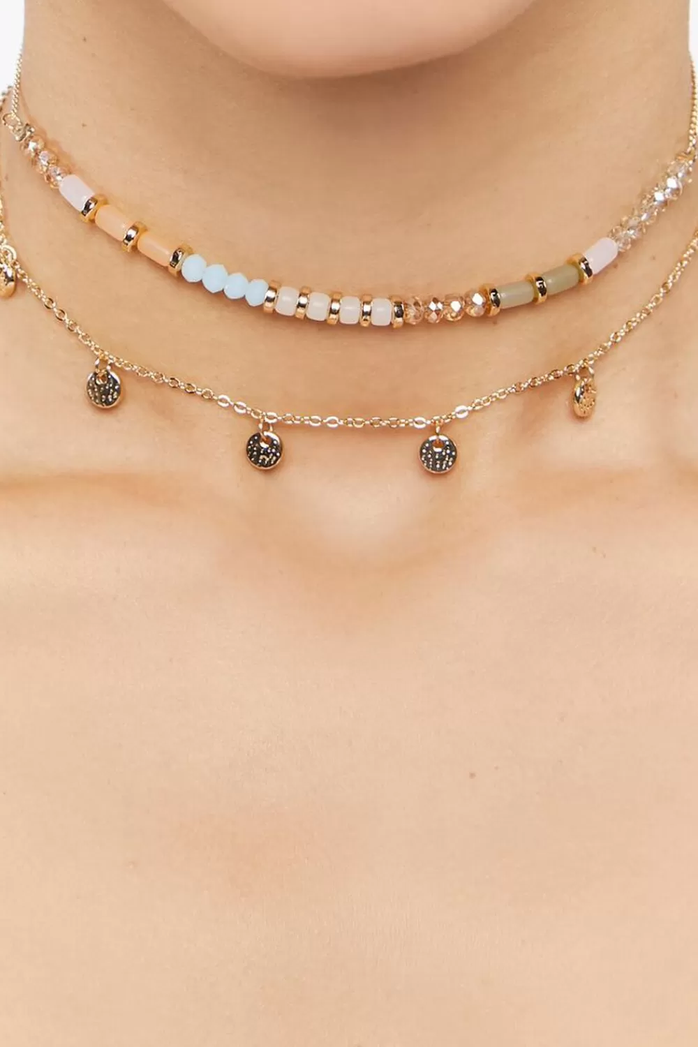 Necklaces>Forever 21 Disc Charm Beaded Necklace Set Orange/Gold