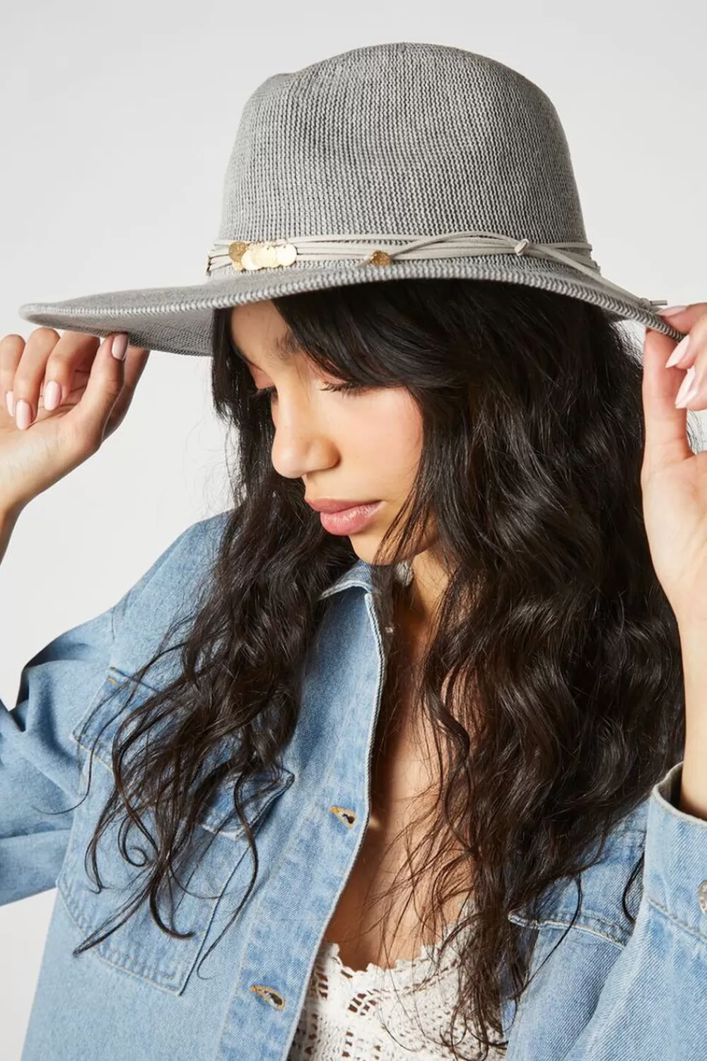 Hats + Beanies>Forever 21 Disc Charm-Trim Fedora Light Blue/Gold