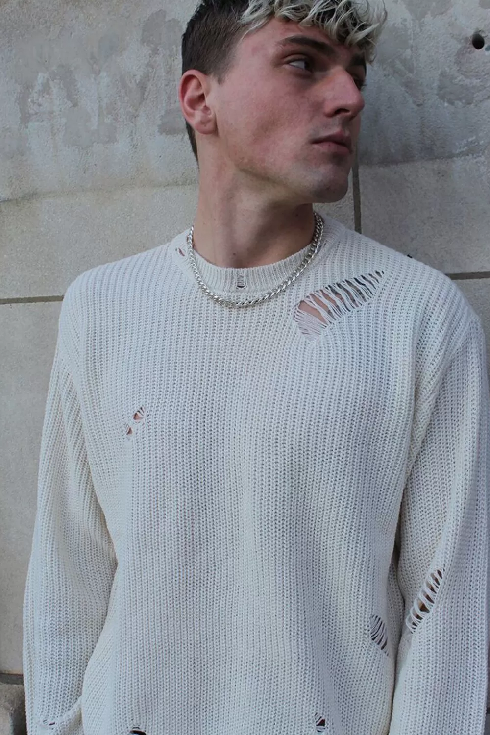 Tops>Forever 21 Distressed Drop-Sleeve Sweater Cream