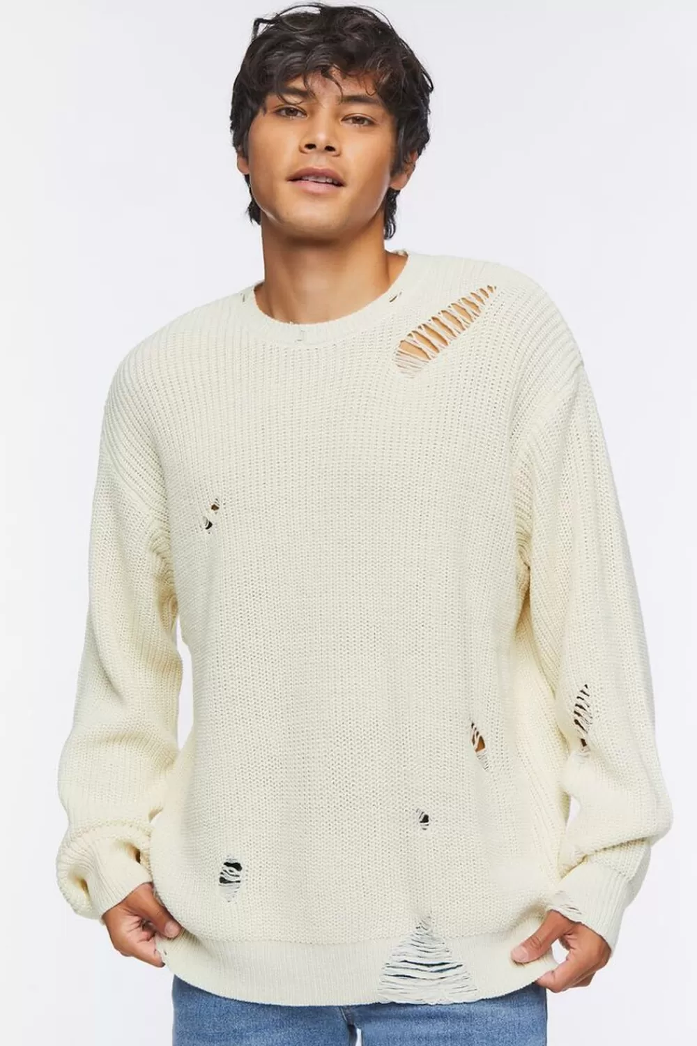 Tops>Forever 21 Distressed Drop-Sleeve Sweater Cream