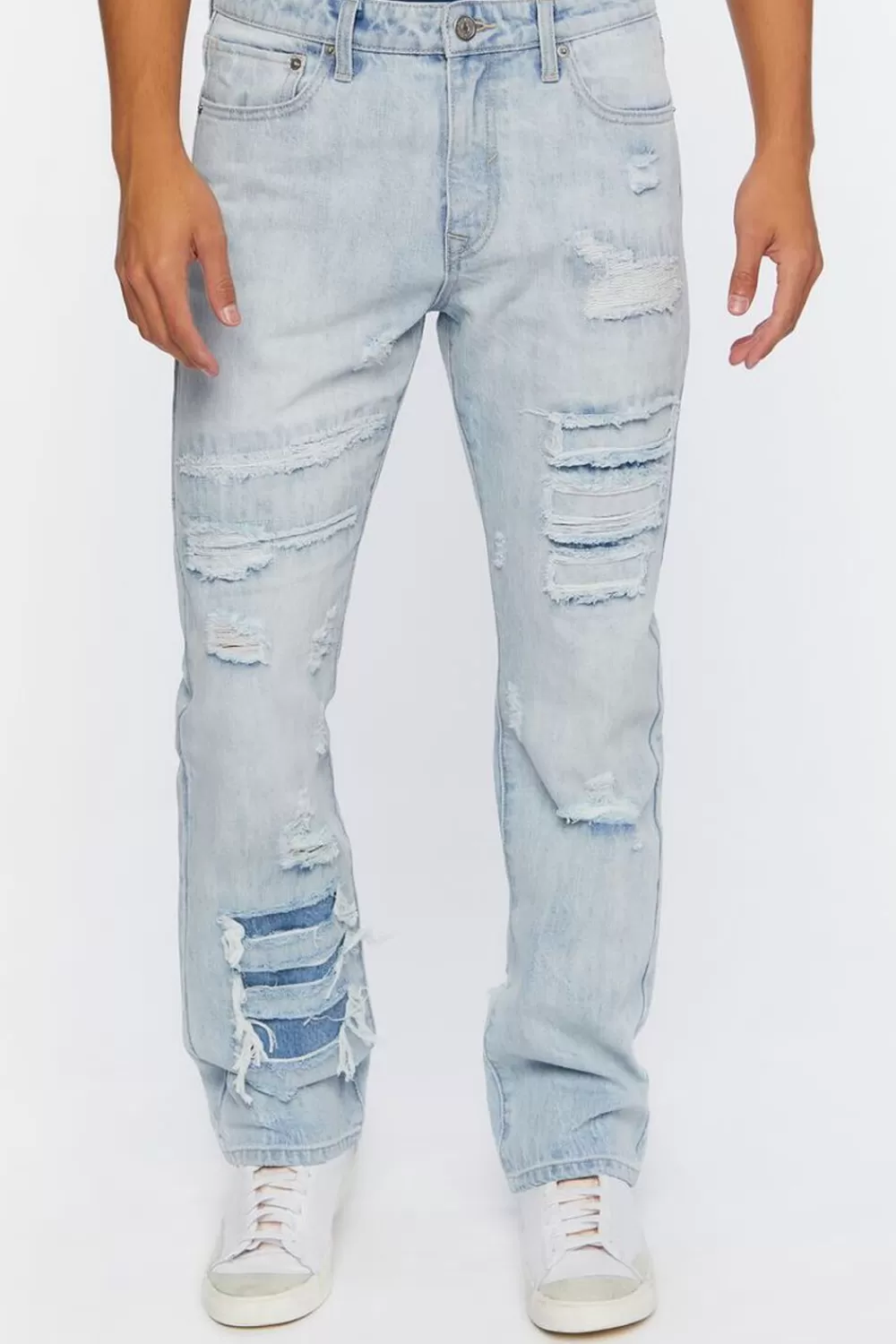 Jeans + Denim>Forever 21 Distressed Flare-Leg Jeans Light Denim