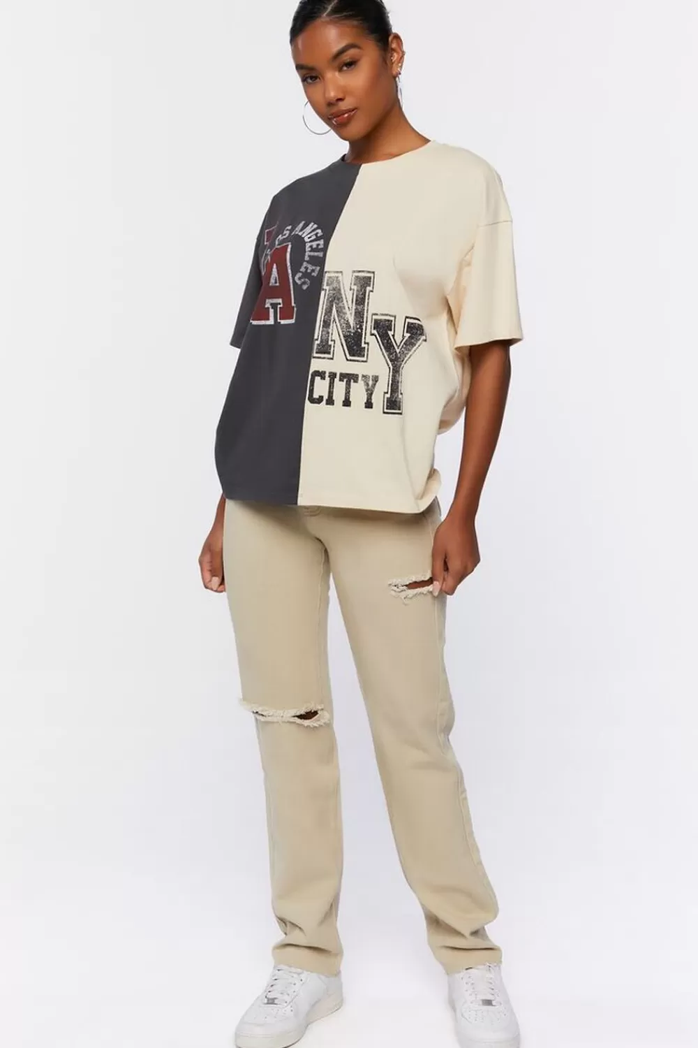 Bottoms>Forever 21 Distressed High-Rise Jeans Beige