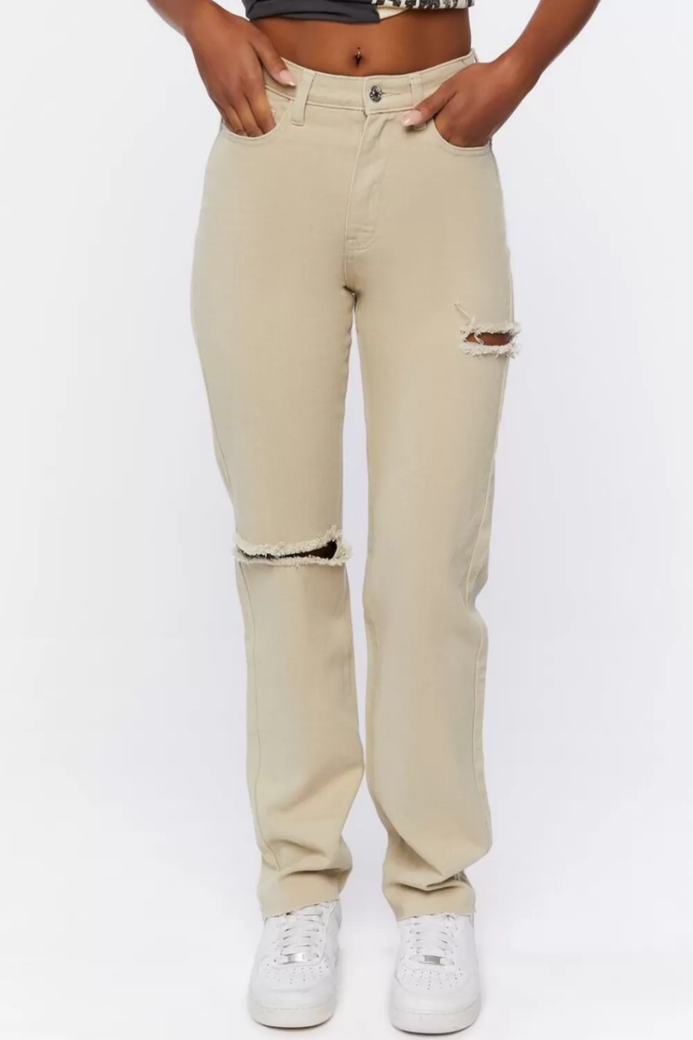 Bottoms>Forever 21 Distressed High-Rise Jeans Beige