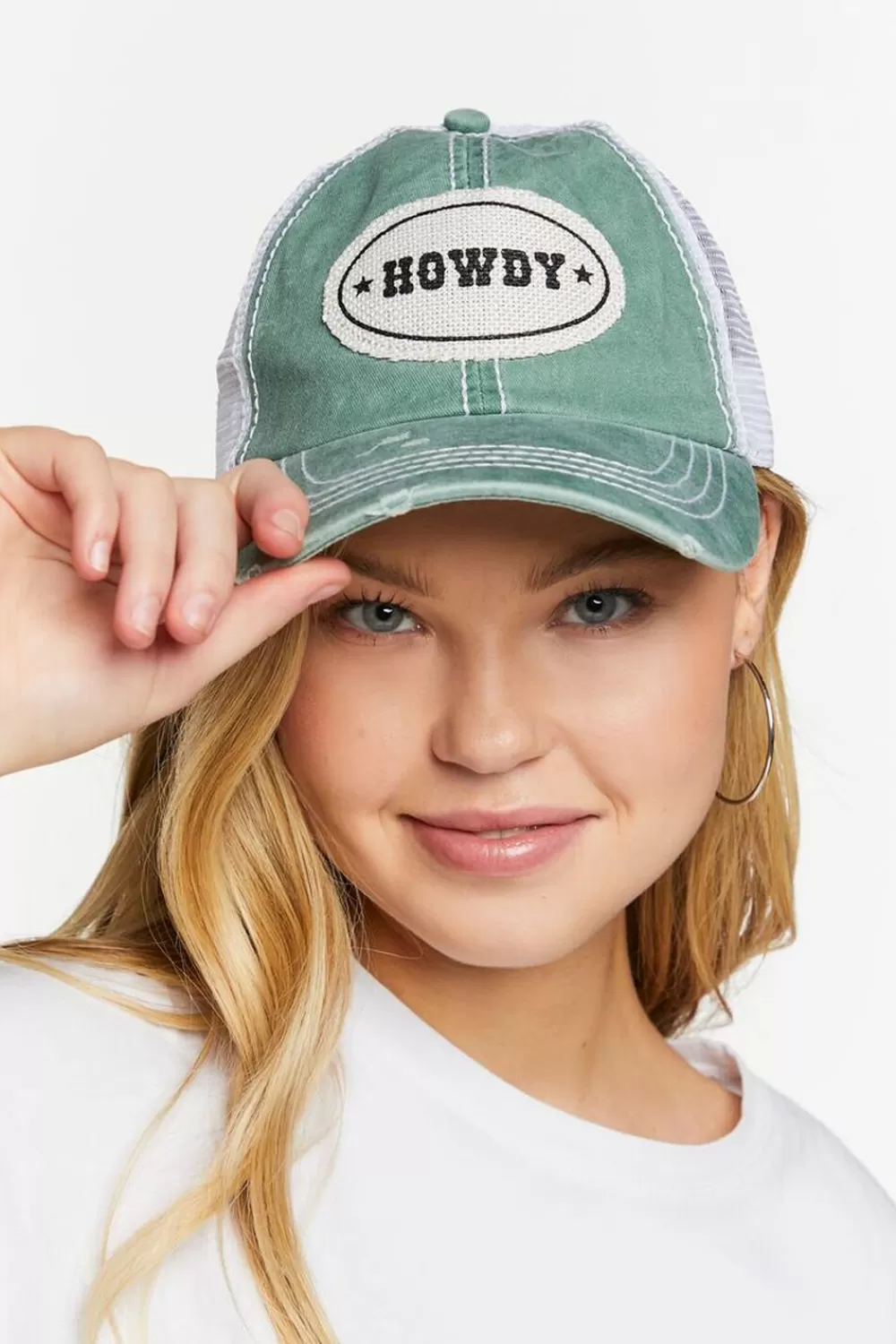 Hats + Beanies>Forever 21 Distressed Howdy Trucker Hat Olive/Multi