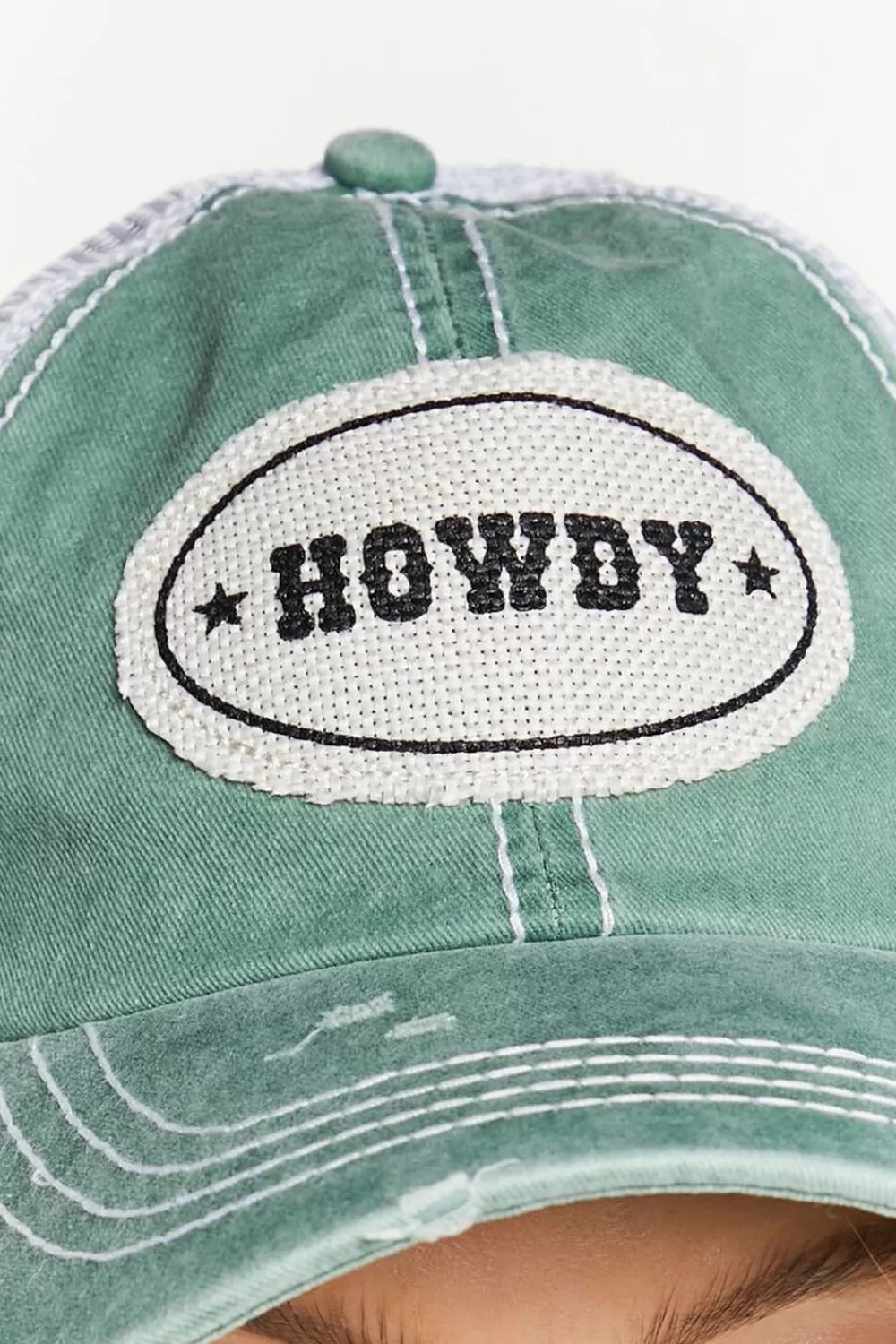 Hats + Beanies>Forever 21 Distressed Howdy Trucker Hat Olive/Multi