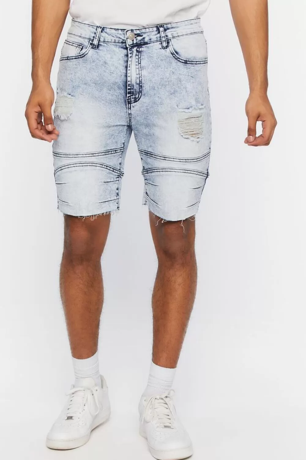 Jeans + Denim>Forever 21 Distressed Moto Denim Shorts Light Denim