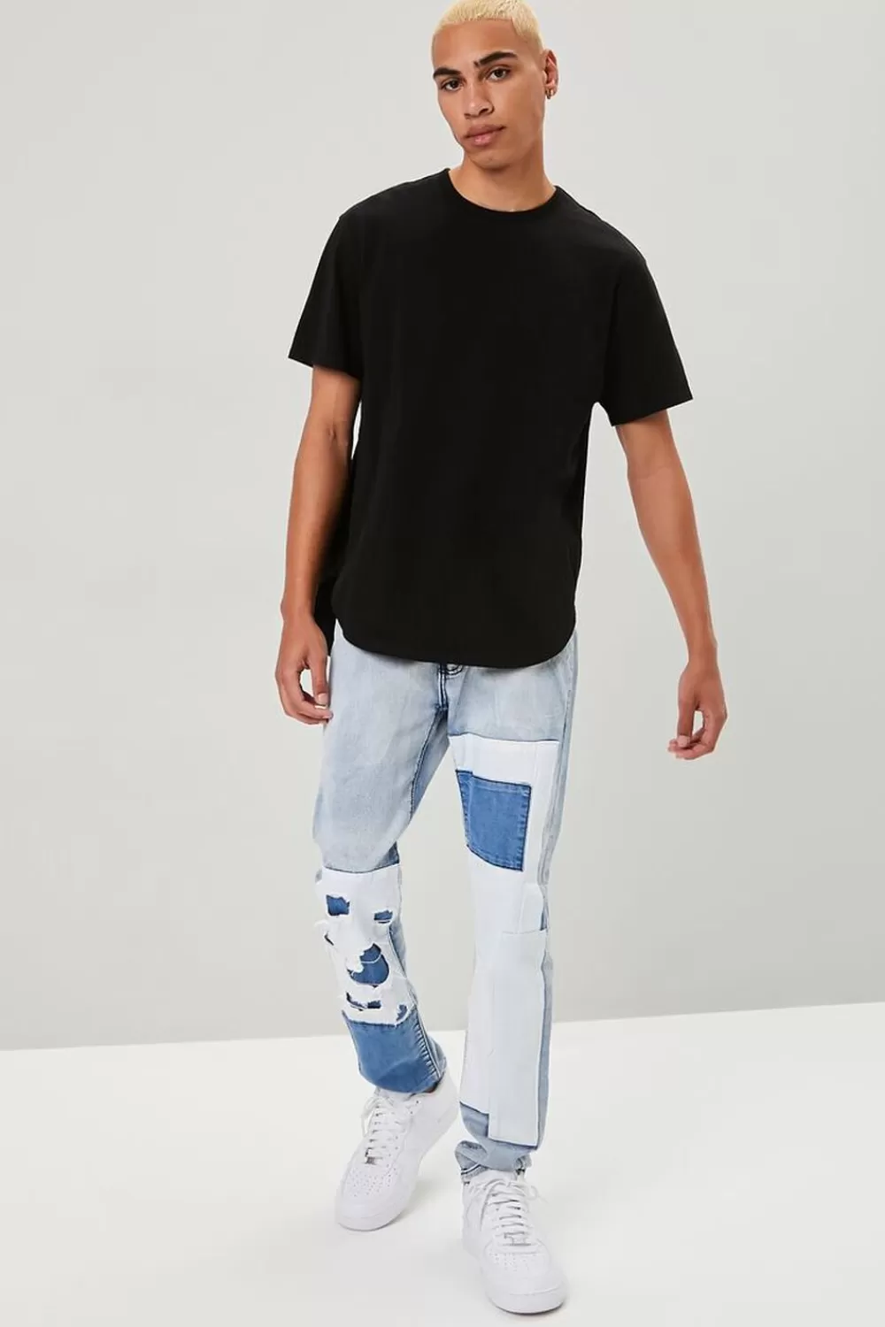 Jeans + Denim>Forever 21 Distressed Patchwork Slim-Fit Jeans Denim/Multi