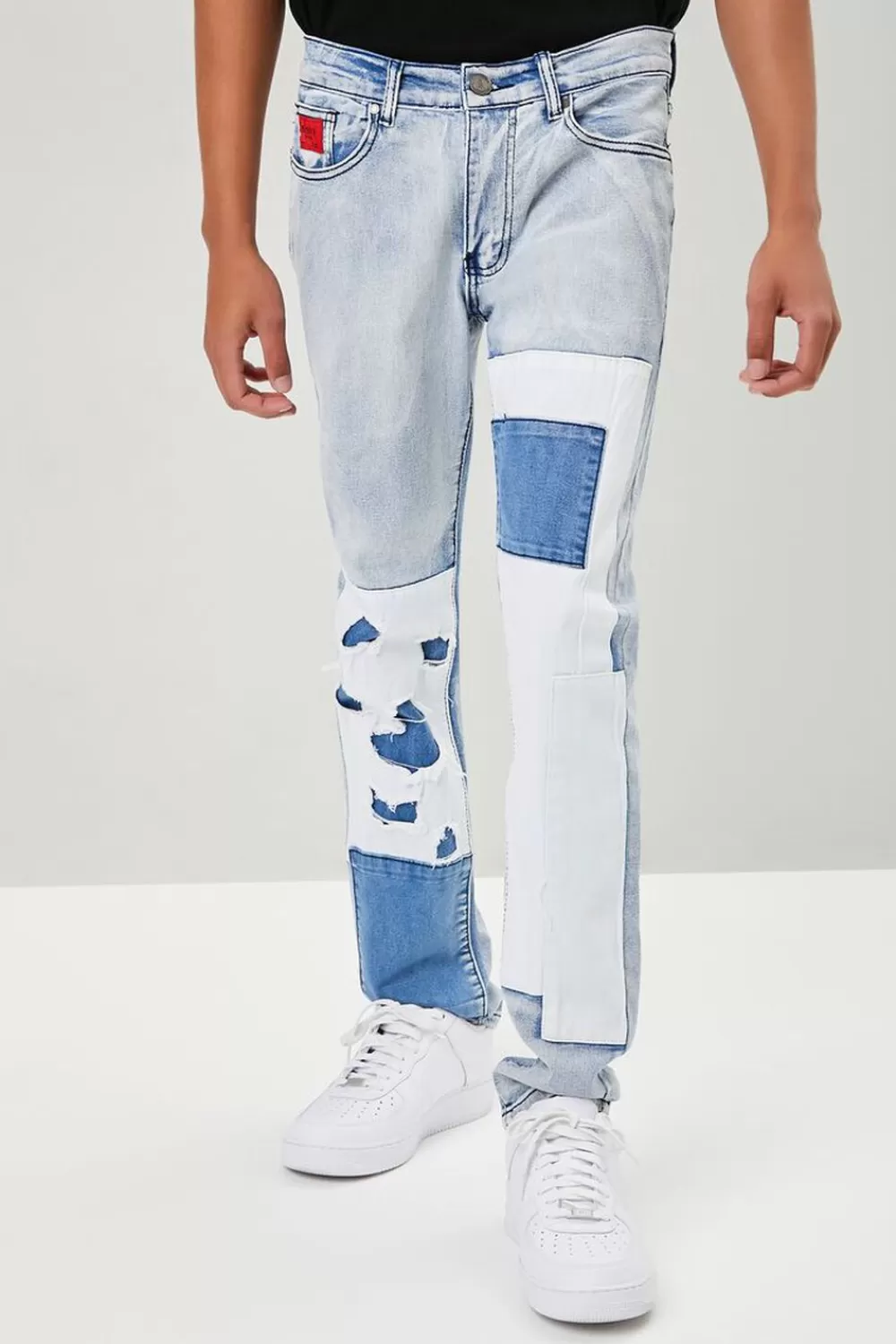 Jeans + Denim>Forever 21 Distressed Patchwork Slim-Fit Jeans Denim/Multi