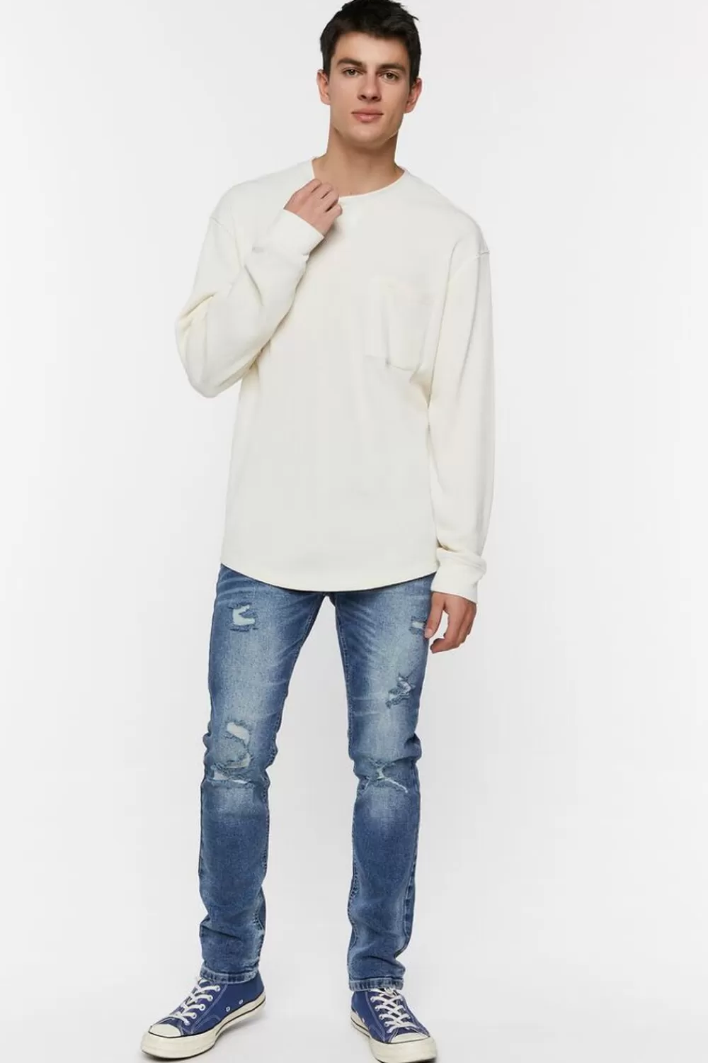 Jeans + Denim>Forever 21 Distressed Slim-Fit Jeans Dark Denim