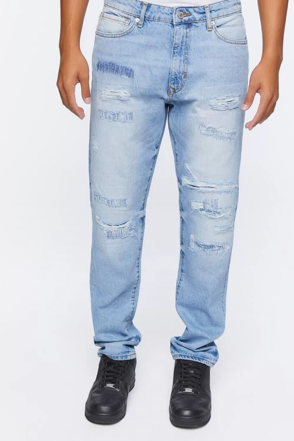 Jeans + Denim>Forever 21 Distressed Slim-Fit Jeans Light Denim
