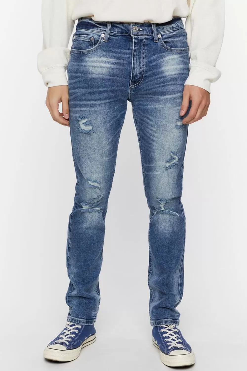 Jeans + Denim>Forever 21 Distressed Slim-Fit Jeans Dark Denim