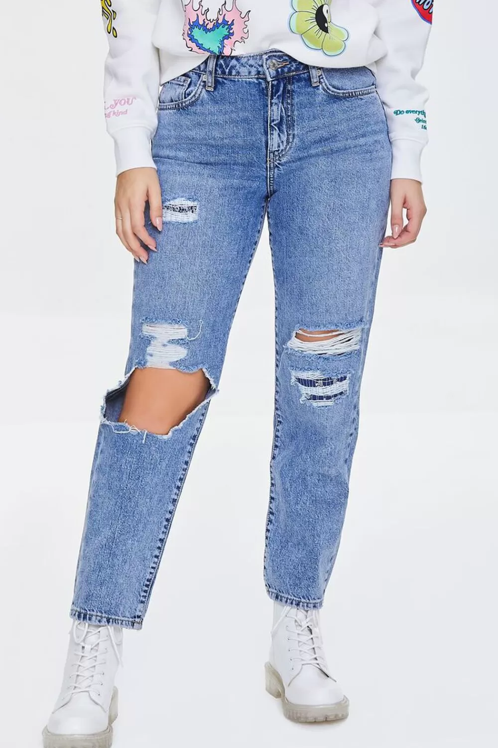 Bottoms>Forever 21 Distressed Straight-Leg Jeans Light Denim