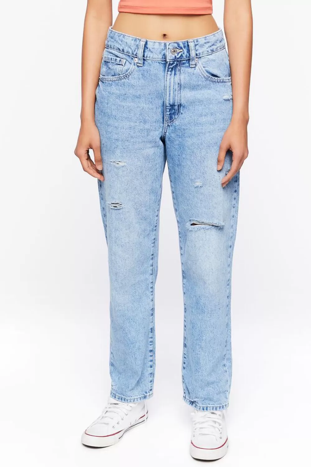 Bottoms>Forever 21 Distressed Straight-Leg Jeans Light Denim