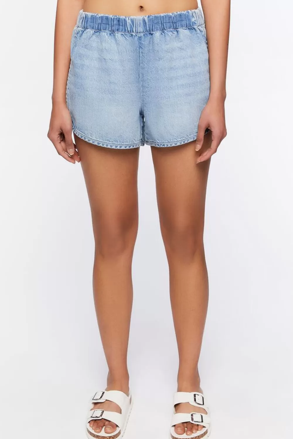 Bottoms>Forever 21 Dolphin-Hem Denim Shorts Light Denim