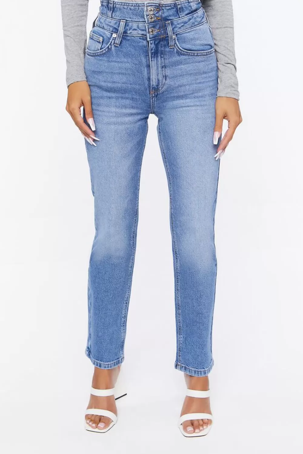 Bottoms>Forever 21 Double-Waisted Long Jeans Light Denim