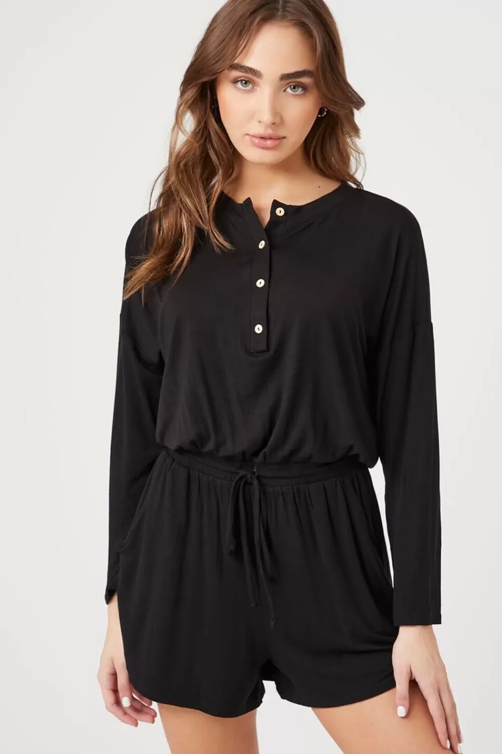 Rompers + Jumpsuits>Forever 21 Drawstring Button-Front Romper Black