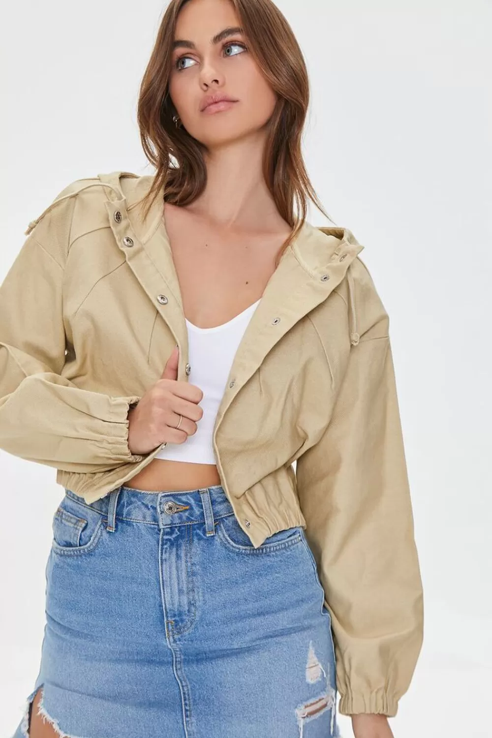 Jackets + Outerwear>Forever 21 Drawstring Cropped Twill Jacket Khaki