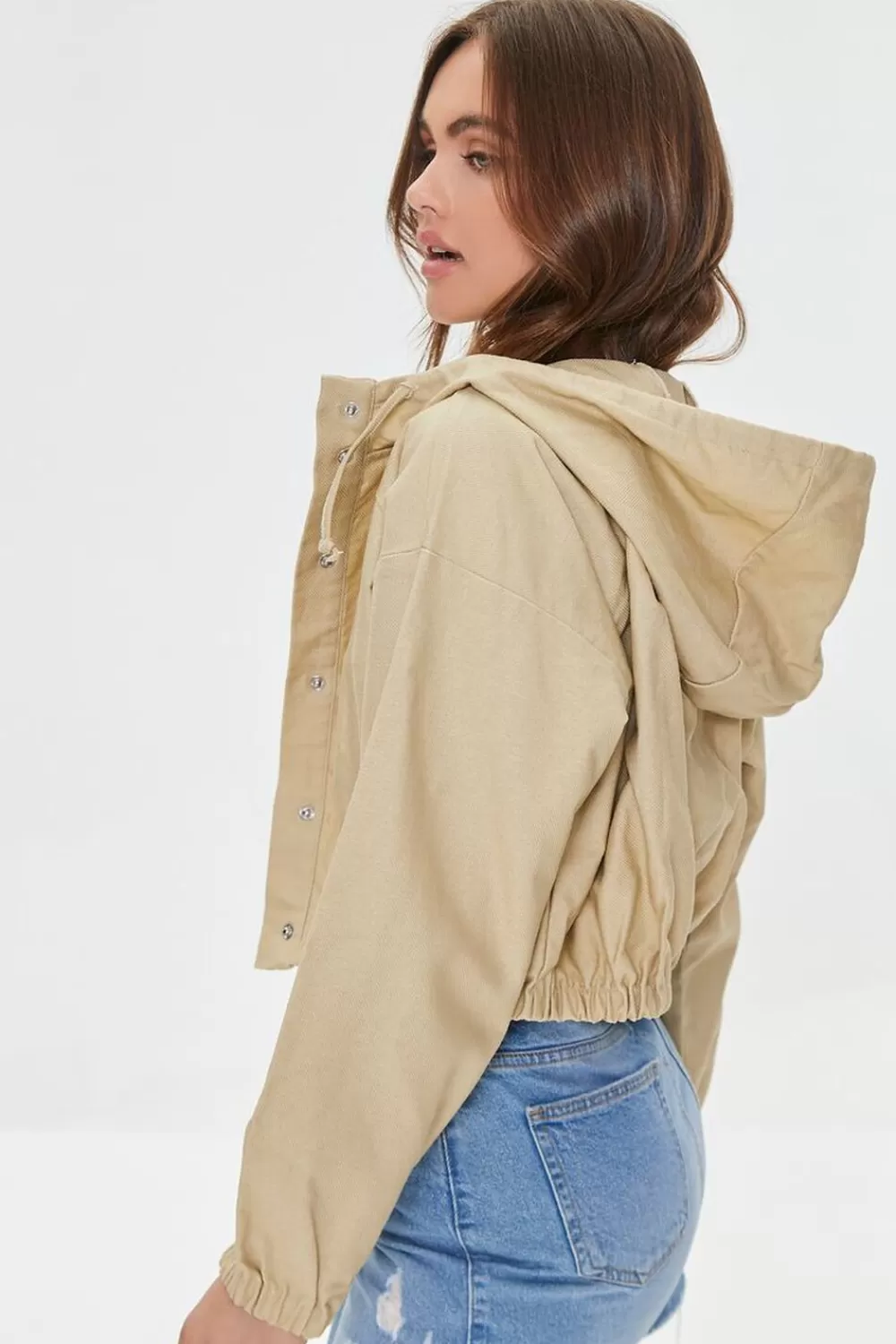 Jackets + Outerwear>Forever 21 Drawstring Cropped Twill Jacket Khaki