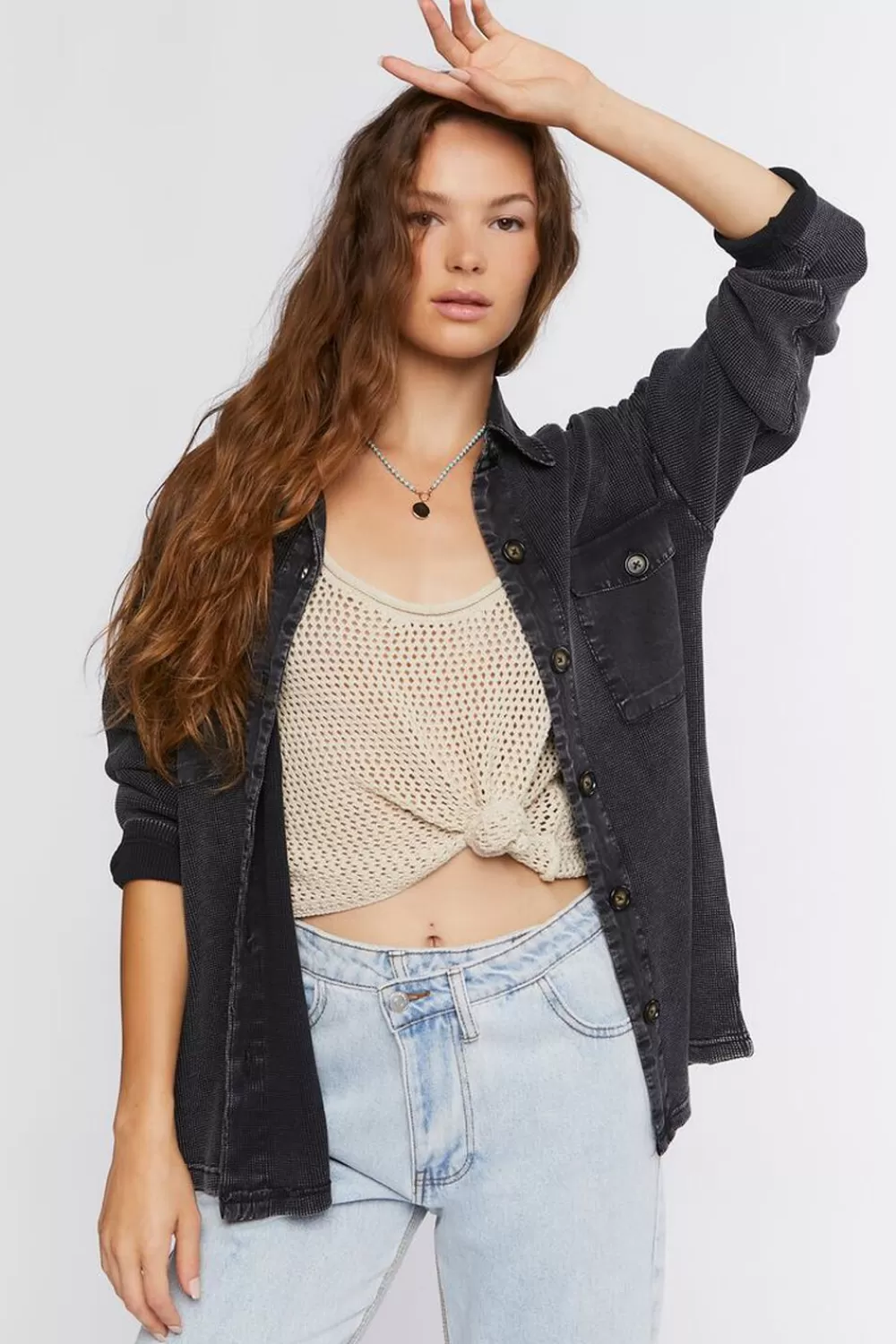 Jackets + Outerwear>Forever 21 Drop-Sleeve Button-Up Shacket Charcoal
