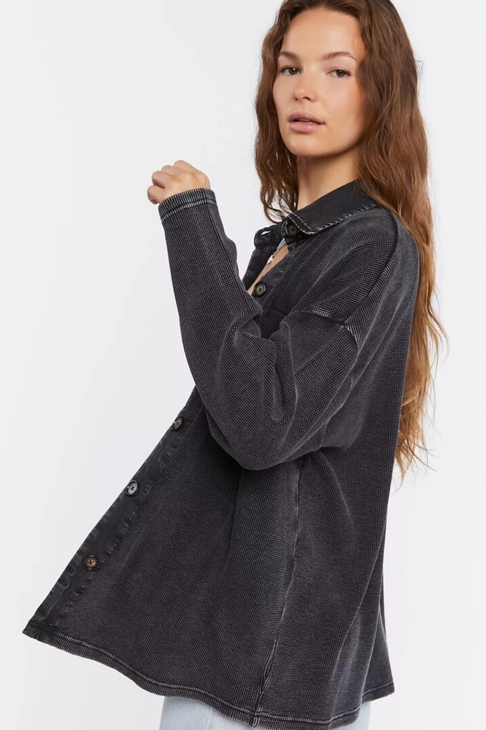 Jackets + Outerwear>Forever 21 Drop-Sleeve Button-Up Shacket Charcoal