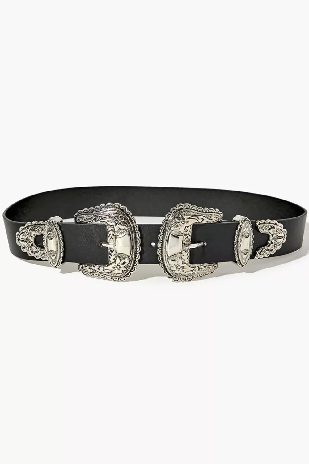 Belts>Forever 21 Dual Buckle Faux Leather Belt Black/Silver