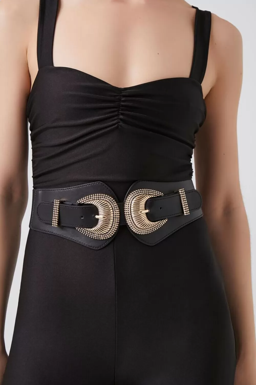 Belts>Forever 21 Dual-Buckle Faux Leather Belt Black/Gold