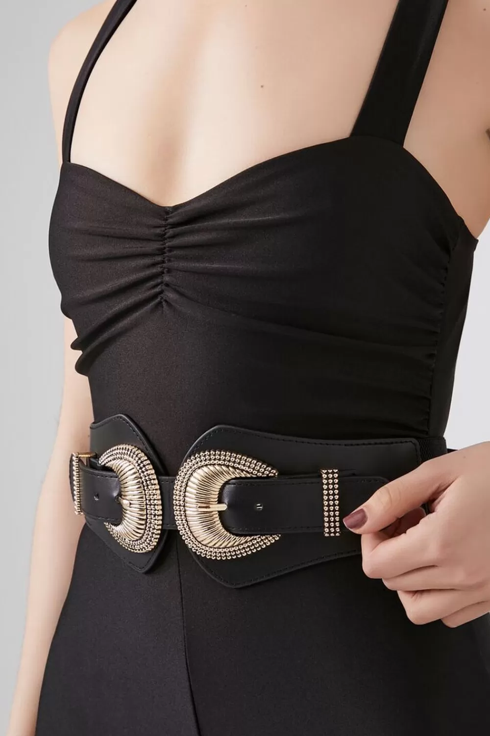 Belts>Forever 21 Dual-Buckle Faux Leather Belt Black/Gold