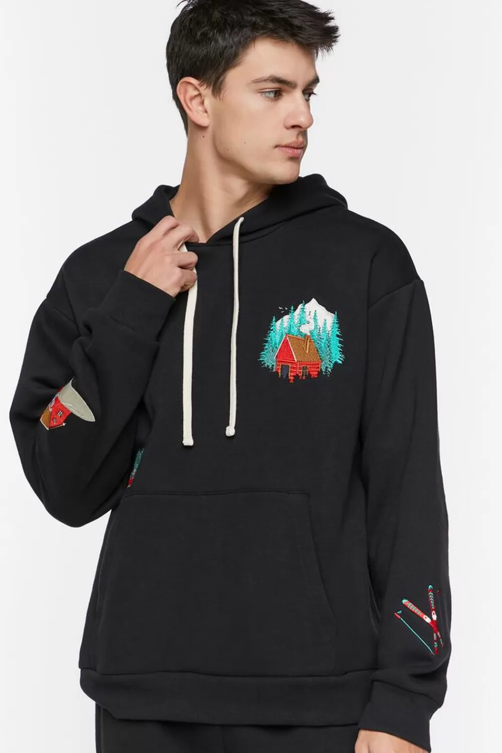 Hoodies + Sweatshirts>Forever 21 Embroidered Cabin Hoodie Black/Multi