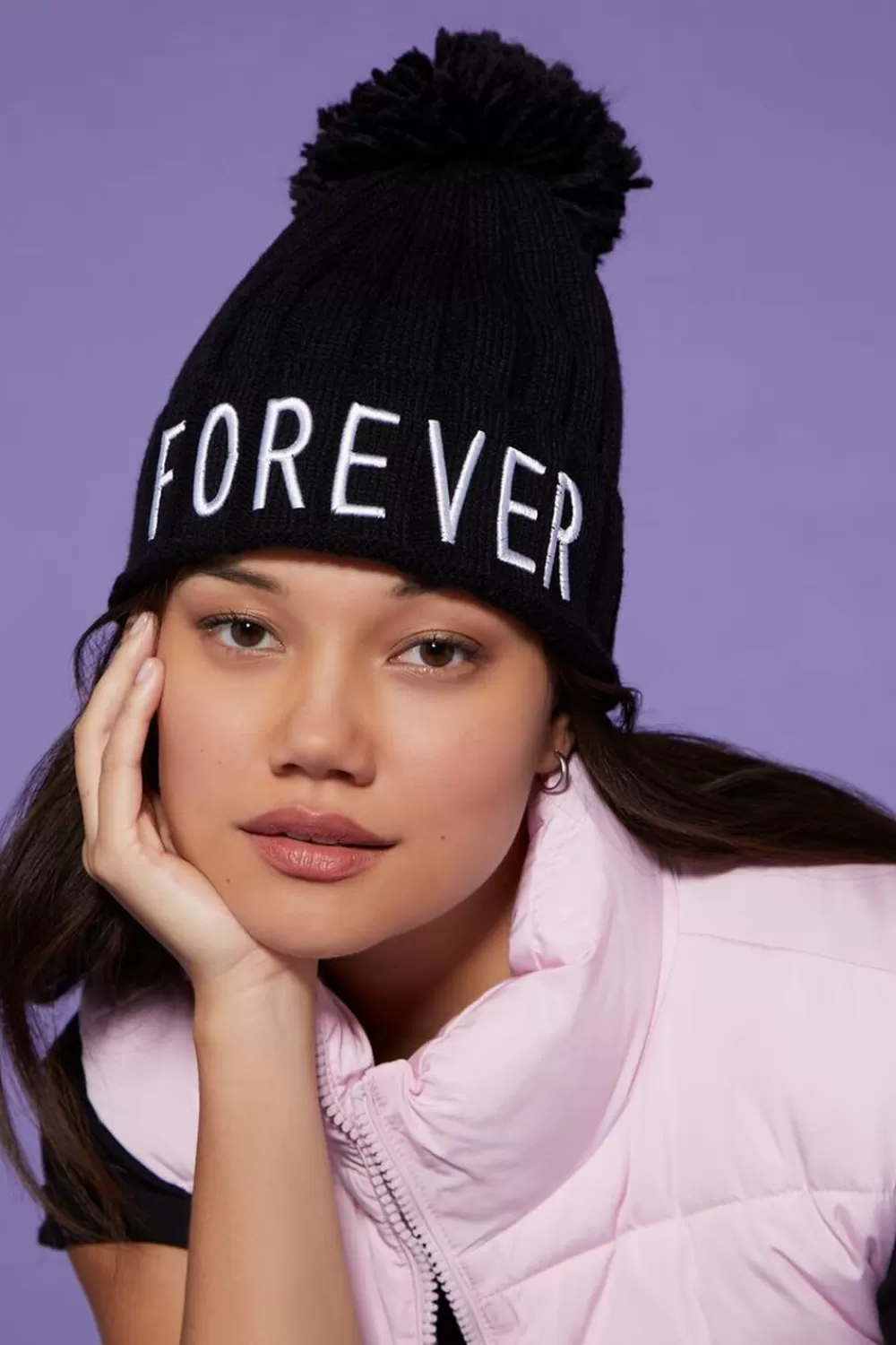 Hats + Beanies>Forever 21 Embroidered Forever Beanie Black/White