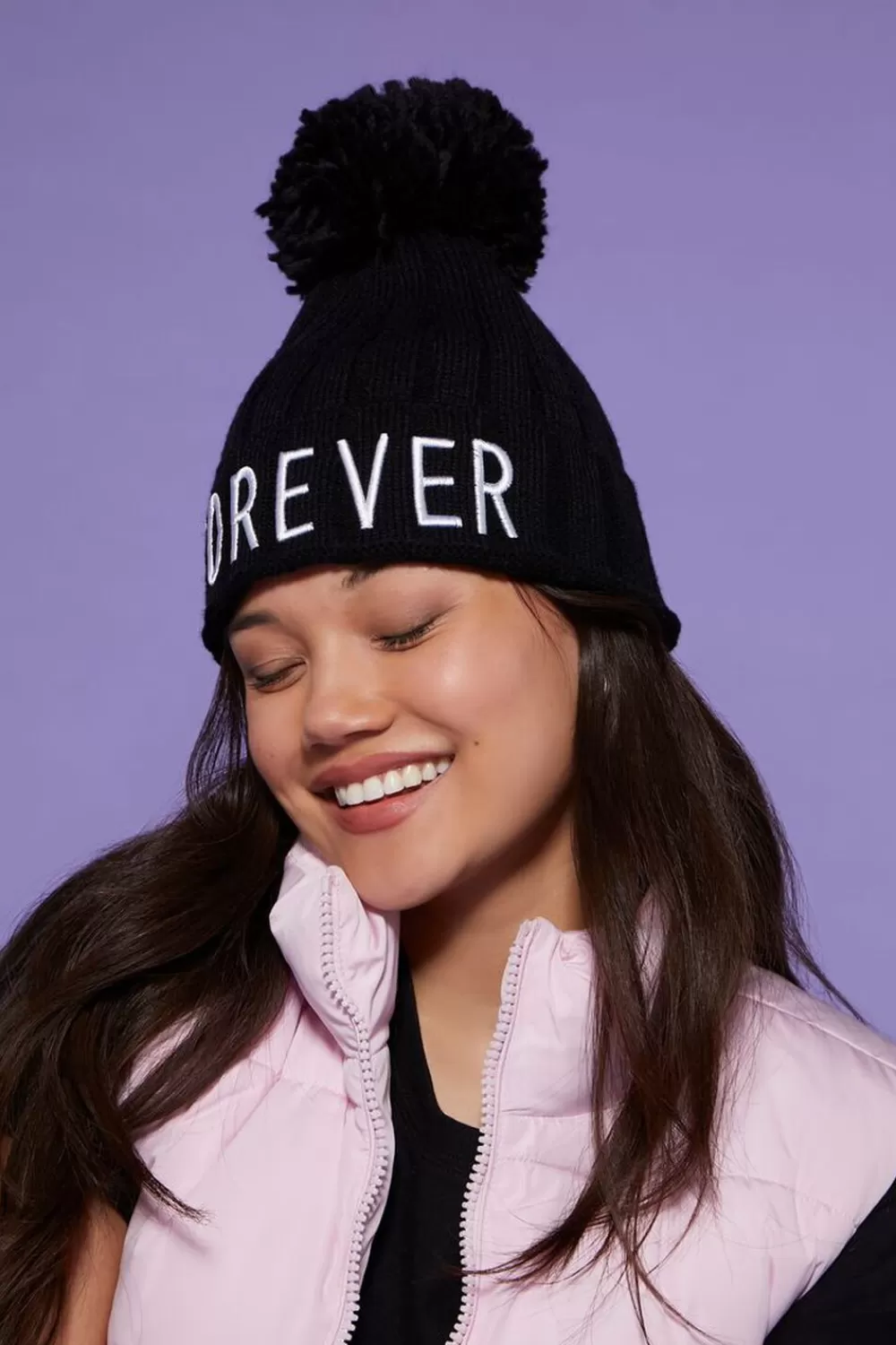 Hats + Beanies>Forever 21 Embroidered Forever Beanie Black/White