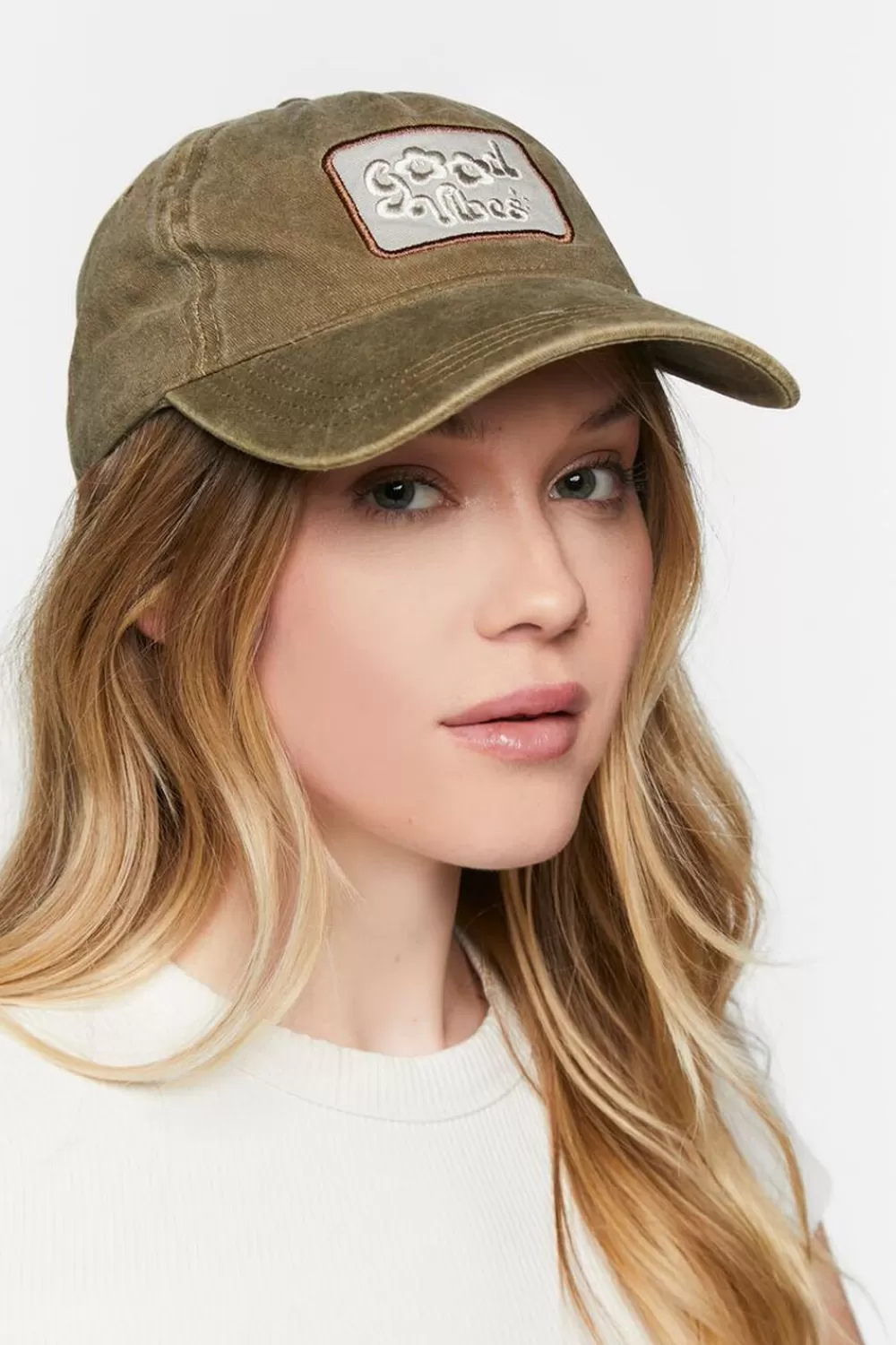 Hats + Beanies>Forever 21 Embroidered Good Vibes Baseball Cap Brown/Multi