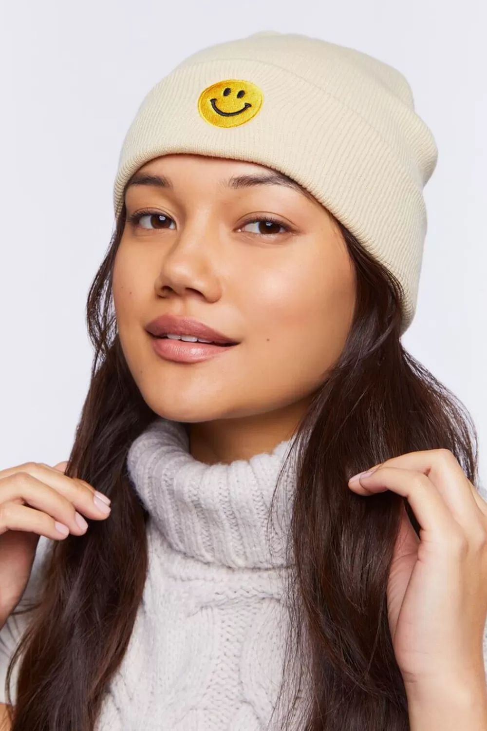 Hats + Beanies>Forever 21 Embroidered Happy Face Beanie Oatmeal/Multi