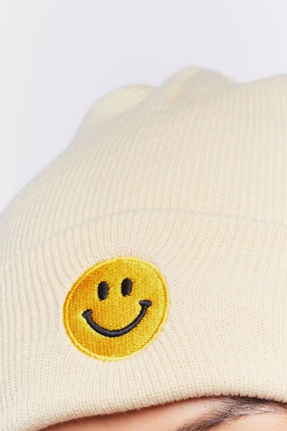 Hats + Beanies>Forever 21 Embroidered Happy Face Beanie Oatmeal/Multi