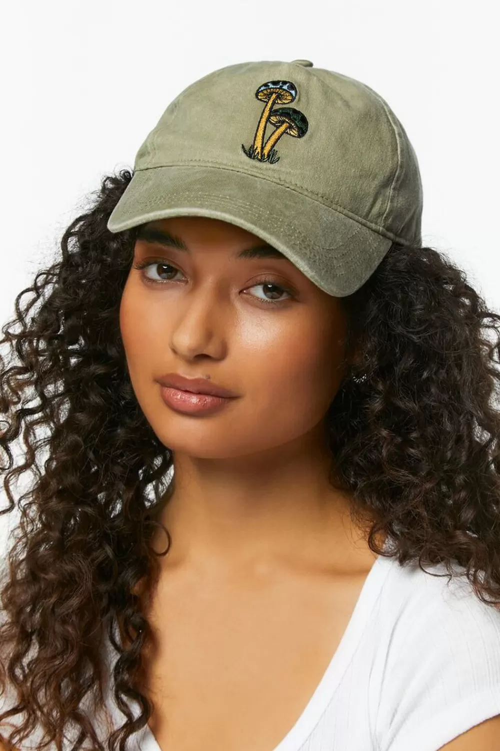 Hats + Beanies>Forever 21 Embroidered Mushroom Baseball Cap Olive/Multi