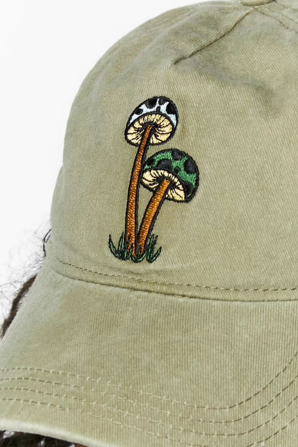 Hats + Beanies>Forever 21 Embroidered Mushroom Baseball Cap Olive/Multi