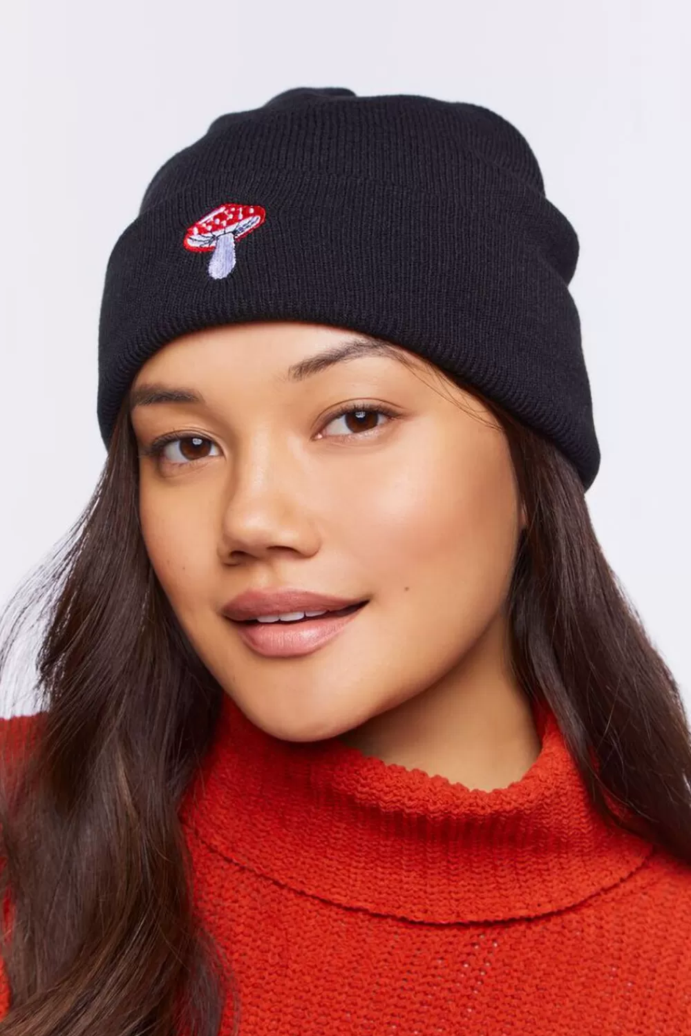 Hats + Beanies>Forever 21 Embroidered Mushroom Beanie Black/Multi