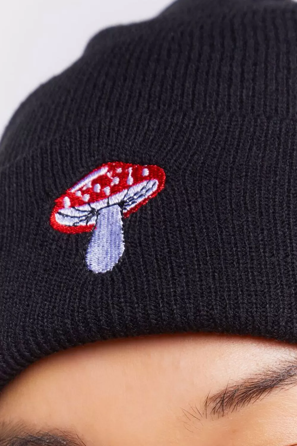 Hats + Beanies>Forever 21 Embroidered Mushroom Beanie Black/Multi