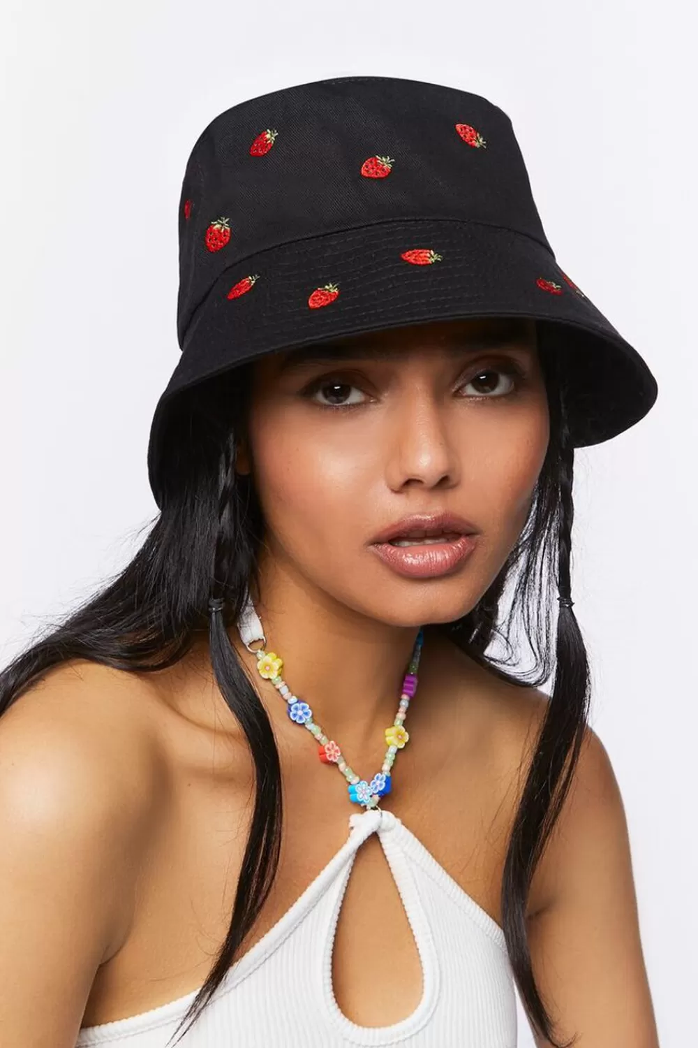 Hats + Beanies>Forever 21 Embroidered Strawberry Bucket Hat Black/Multi